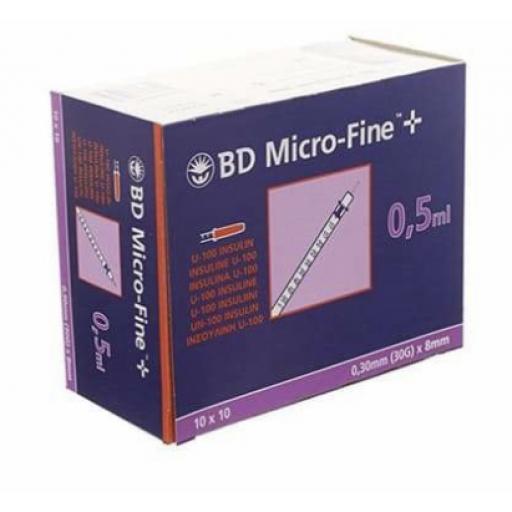 100pk BD Micro Fine Plus Syringes - 0.5ml, U100, 30G x 8mm